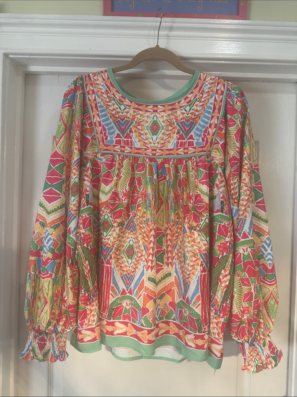 Colorful Geo-Print Women's Blouse with Green Trim